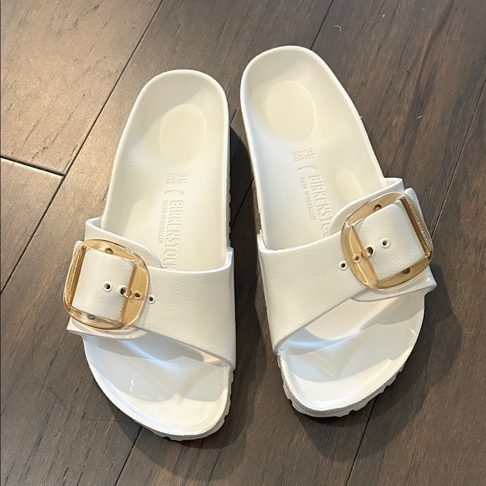 Birkenstock White Sandals with Gold Buckle